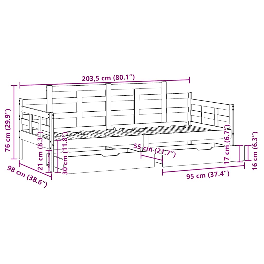 Dagseng Med Skuffer Hvit 90X200 Cm Heltre Furu