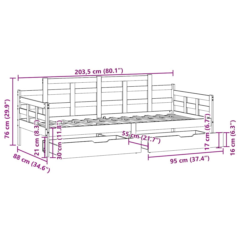 Dagseng Med Skuffer Hvit 80X200 Cm Heltre Furu