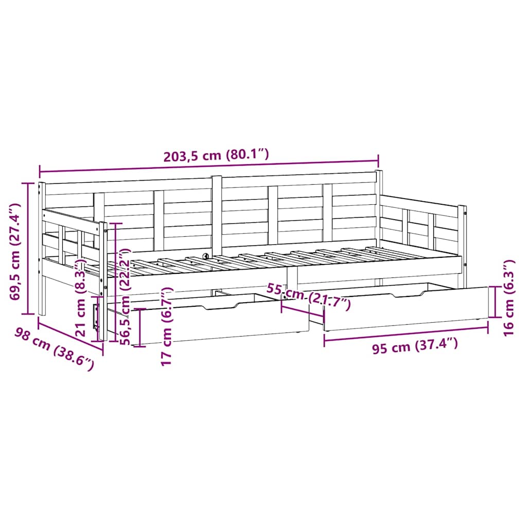 Dagseng Med Skuffer Hvit 90X200 Cm Heltre Furu