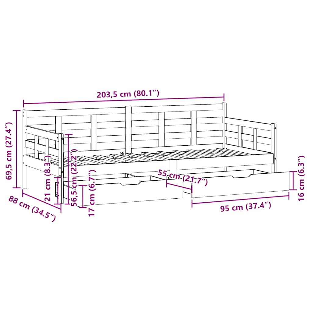 Dagseng Med Skuffer 80X200 Cm Heltre Furu