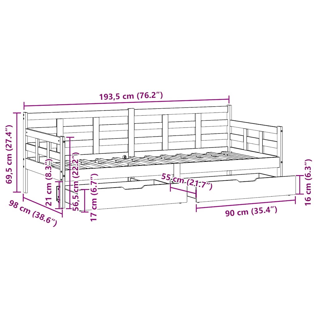 Dagseng Med Skuffer Hvit 90X190 Cm Heltre Furu