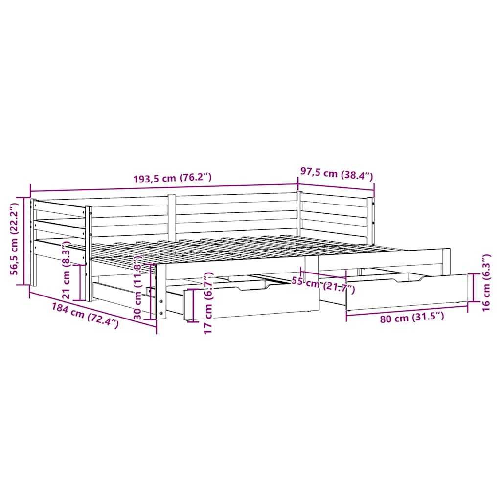 Uttrekkbar Dagseng Med Skuffer Uten Madrass 90X190 Cm