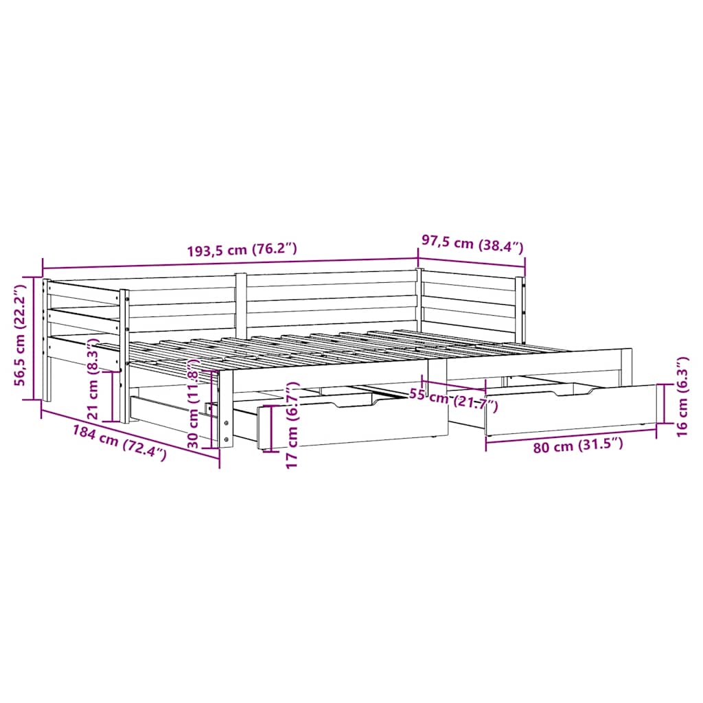 Uttrekkbar Dagseng Med Skuffer Uten Madrass Hvit 90X190 Cm