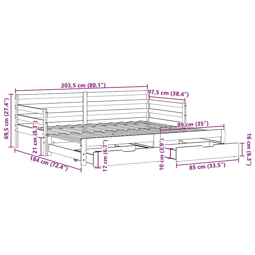 Uttrekkbar Dagseng Med Skuffer Uten Madrass Hvit 90X200 Cm