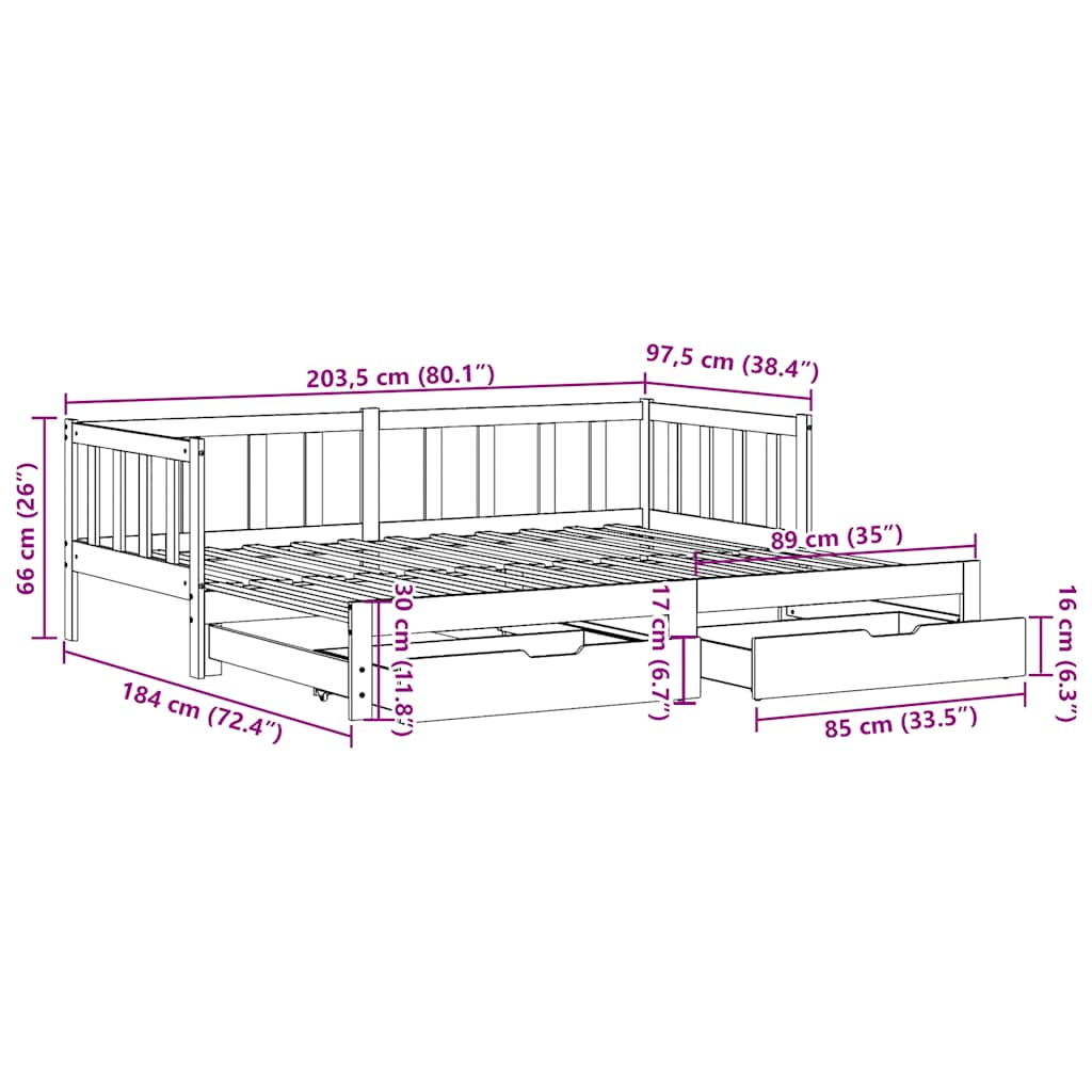 Uttrekkbar Dagseng Med Skuffer Uten Madrass 90X200 Cm