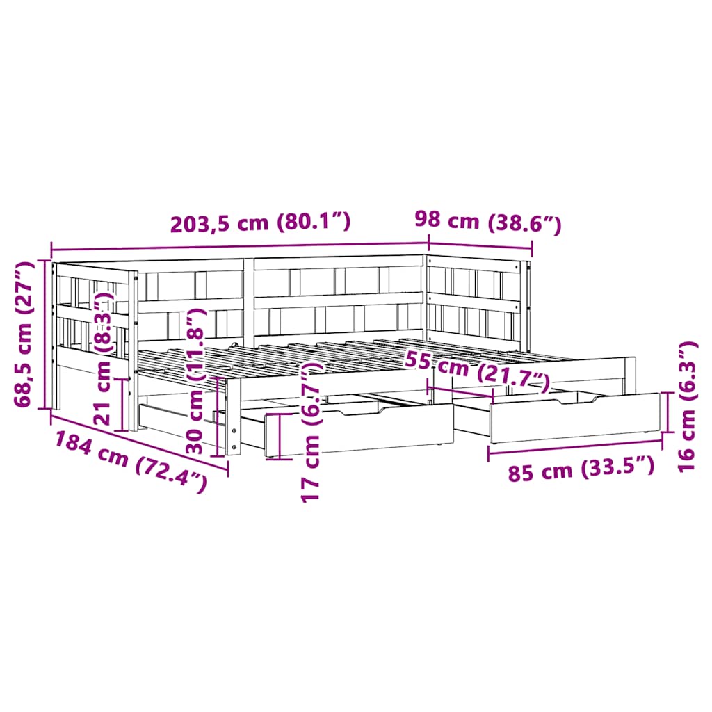Uttrekkbar Dagseng Med Skuffer Uten Madrass Hvit 90X200 Cm