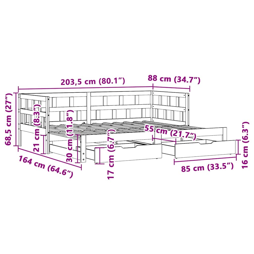 Uttrekkbar Dagseng Med Skuffer Uten Madrass Hvit 80X200 Cm