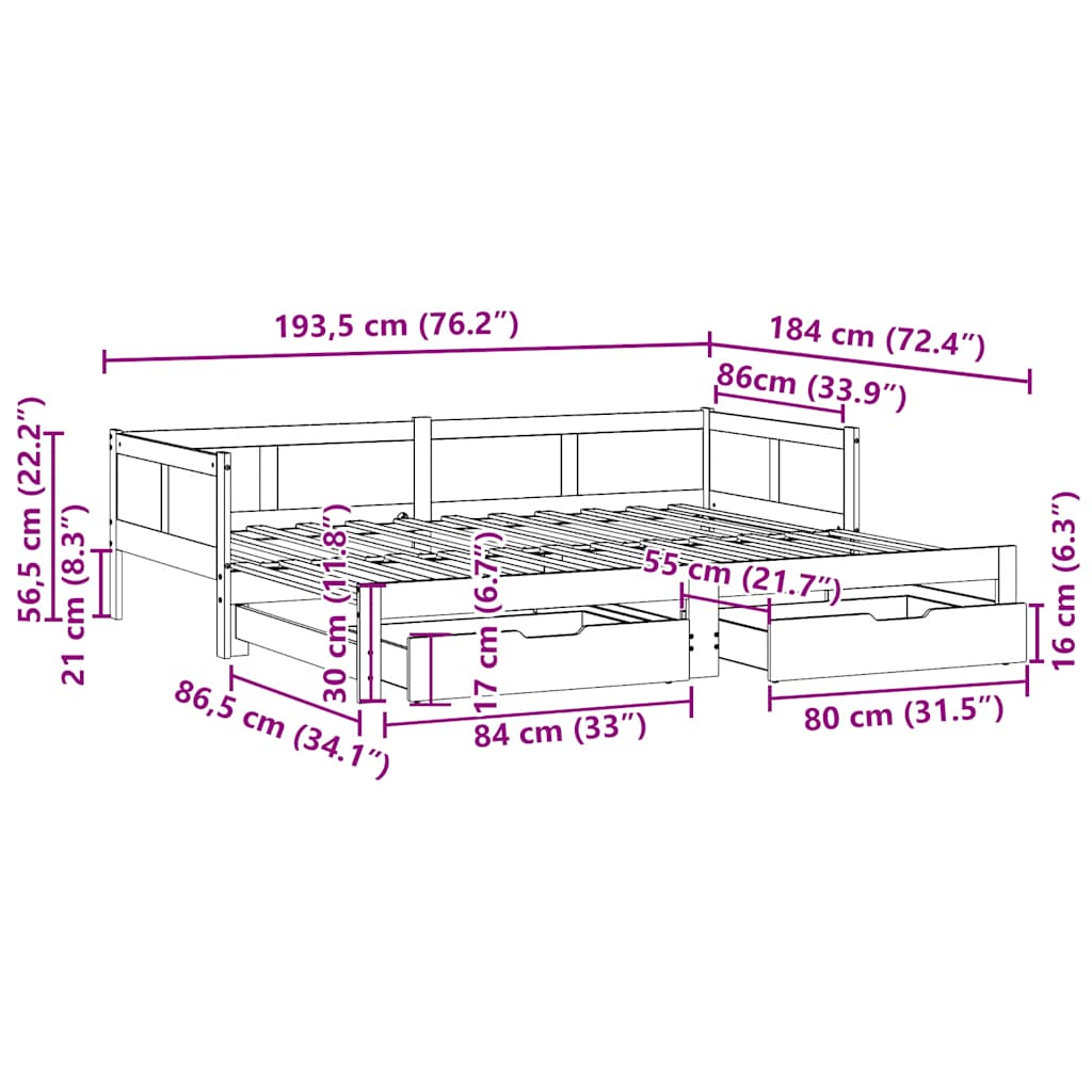 Uttrekkbar Dagseng Med Skuffer Uten Madrass 90X190 Cm
