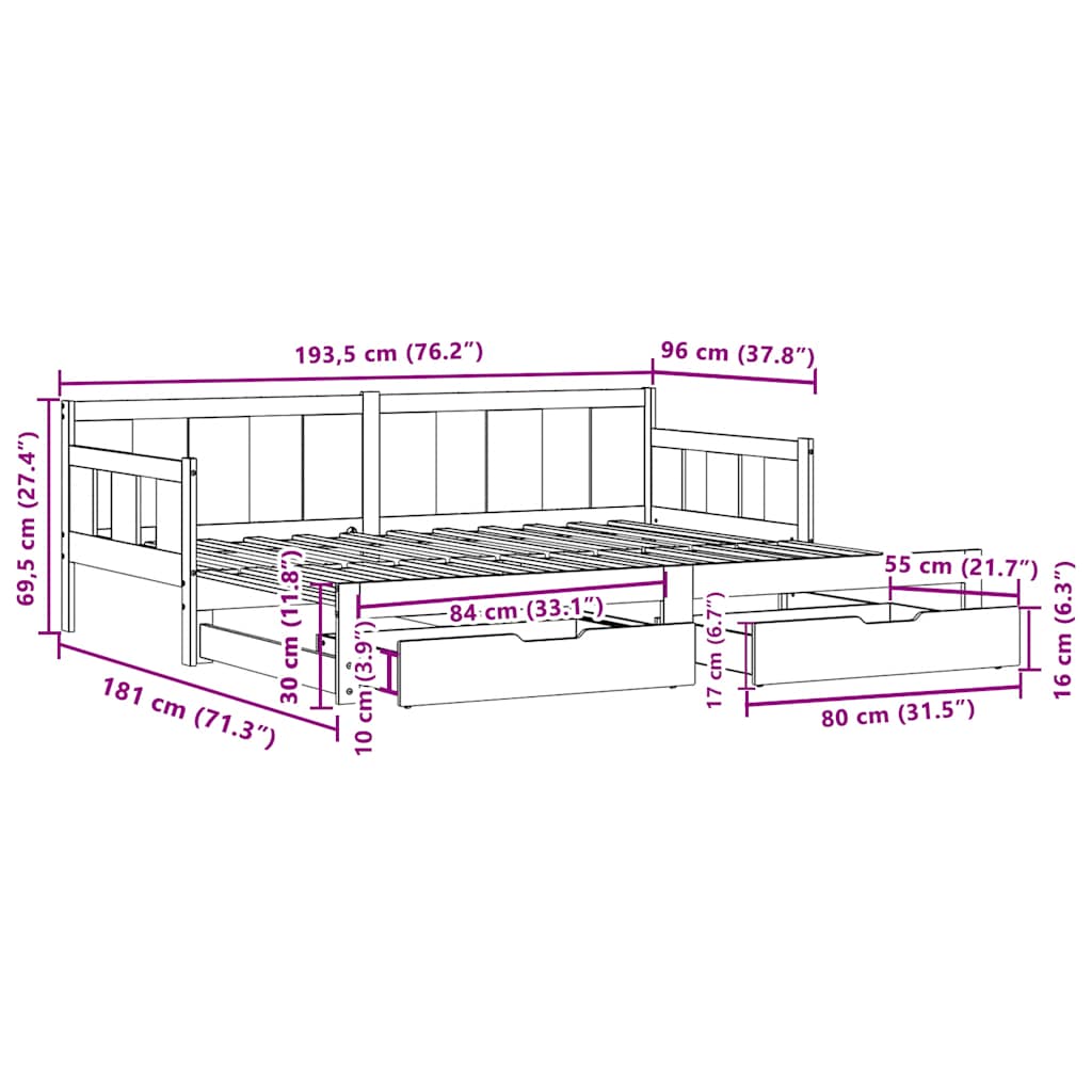 Uttrekkbar Dagseng Med Skuffer Uten Madrass 90X190 Cm