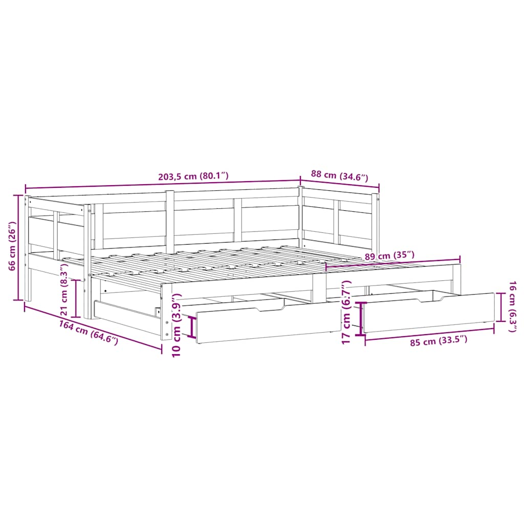 Uttrekkbar Dagseng Med Skuffer Uten Madrass Hvit 80X200 Cm