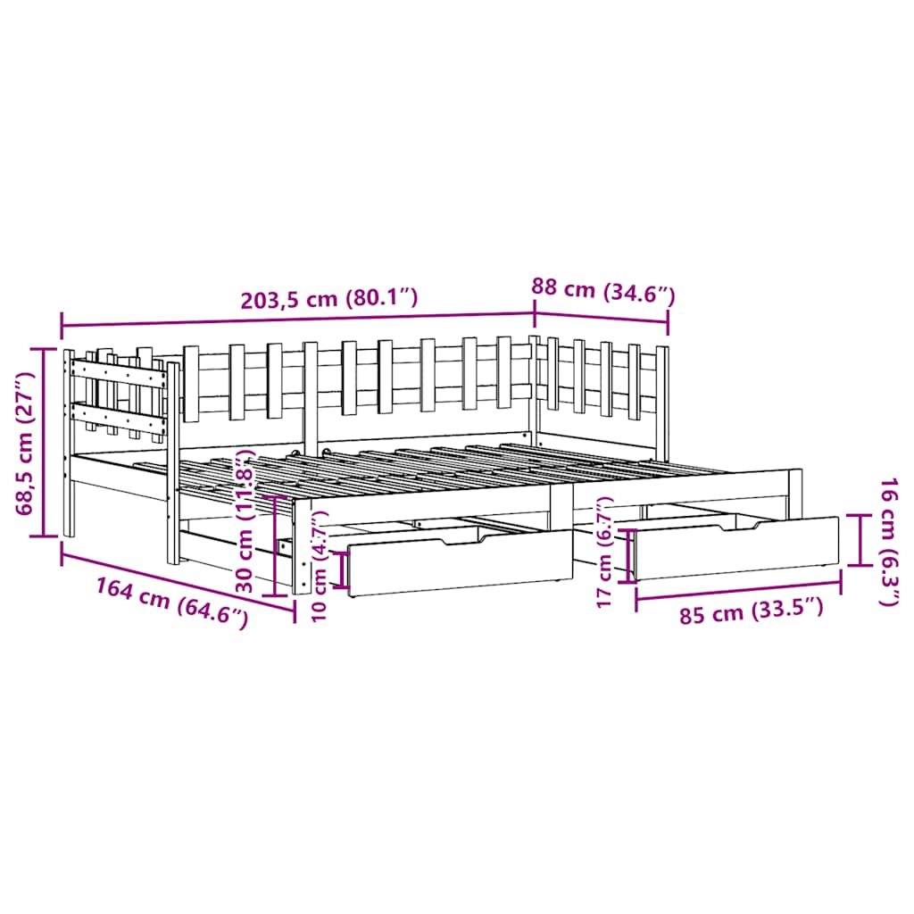 Uttrekkbar Dagseng Med Skuffer Uten Madrass Hvit 80X200 Cm