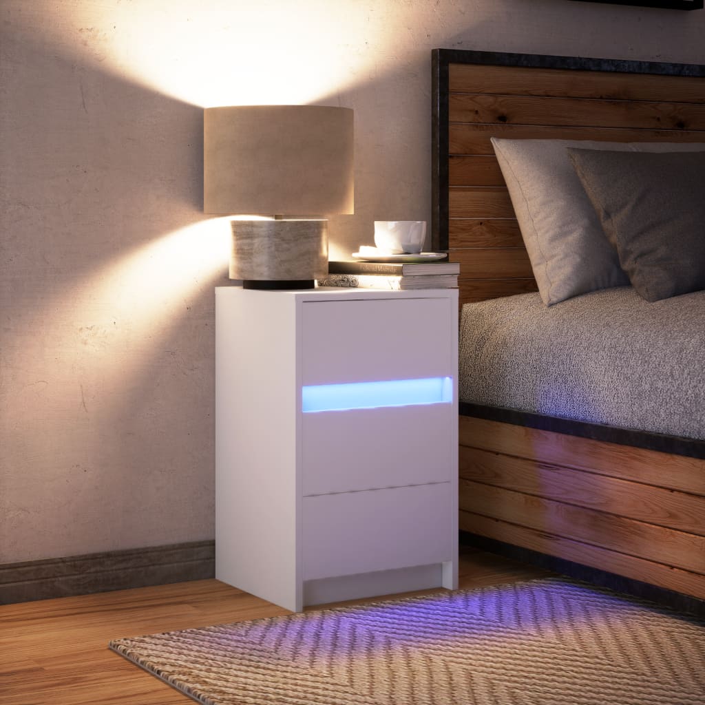 Nattbord Med Led Hvit Konstruert Tre