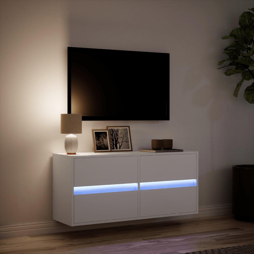 Vegghengt Tv-Benk Med Led Hvit 100X31X45 Cm