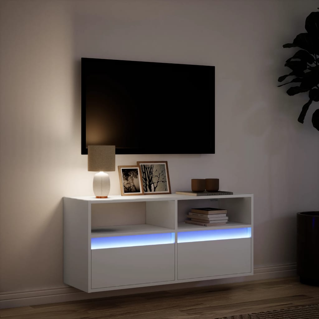 Vegghengt Tv-Benk Med Led Hvit 100X31X45 Cm