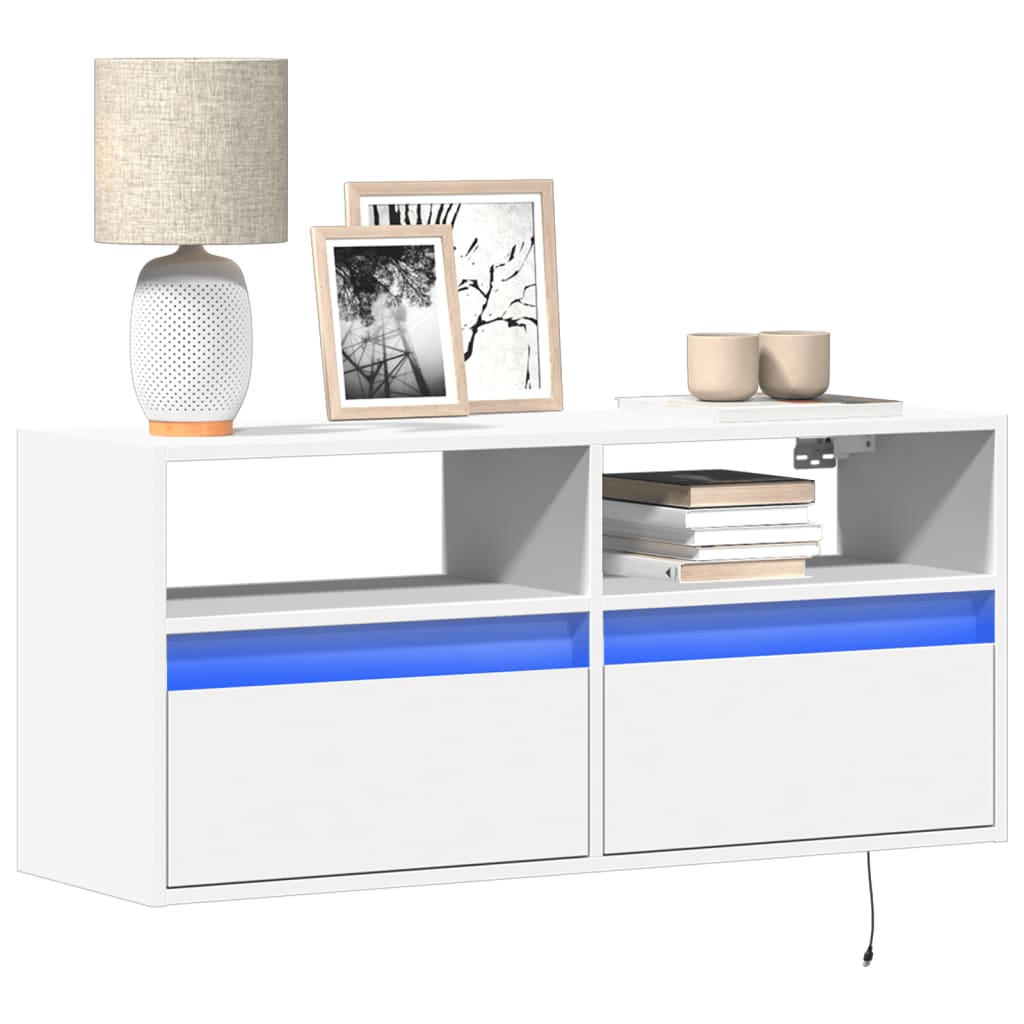 Vegghengt Tv-Benk Med Led Hvit 100X31X45 Cm