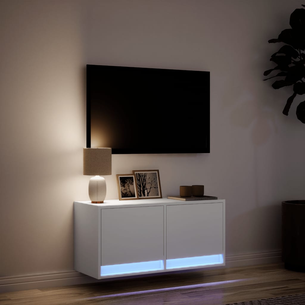 Vegghengt Tv-Benk Med Led Hvit 80X31X35 Cm