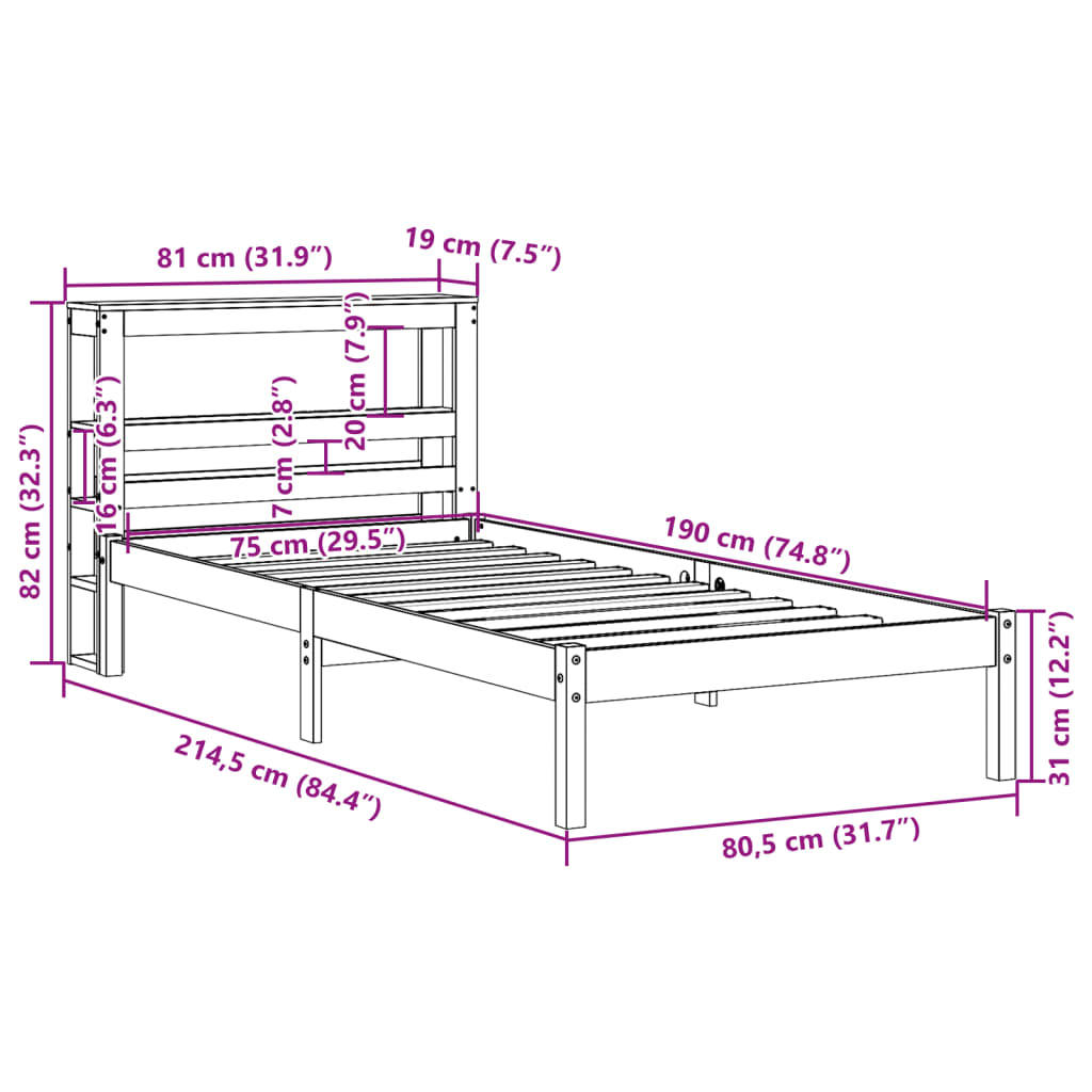 Sengeramme Uten Madrass Hvit 75X190 Cm Heltre Furu