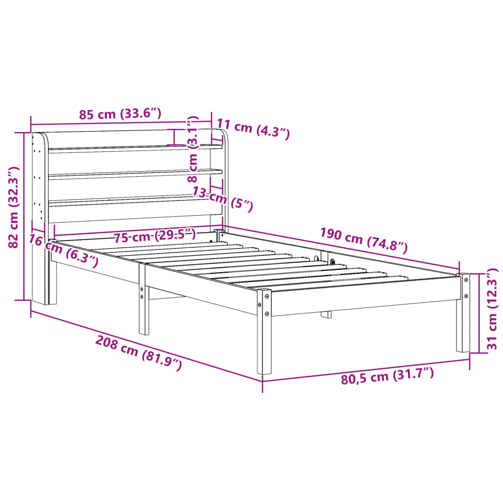 Sengeramme Uten Madrass Hvit 75X190 Cm Heltre Furu