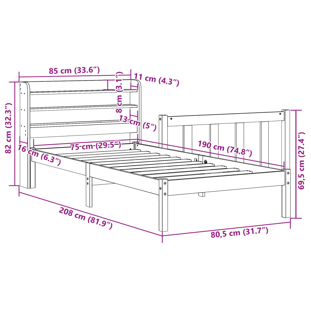 Sengeramme Uten Madrass Hvit 75X190 Cm Heltre Furu