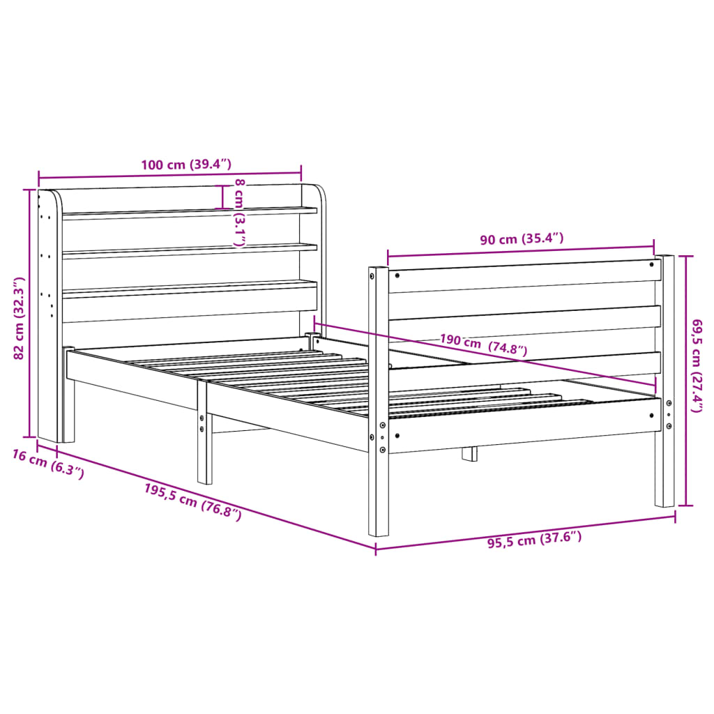 Sengeramme Med Hodegavl Hvit 90X190 Cm Heltre Furu