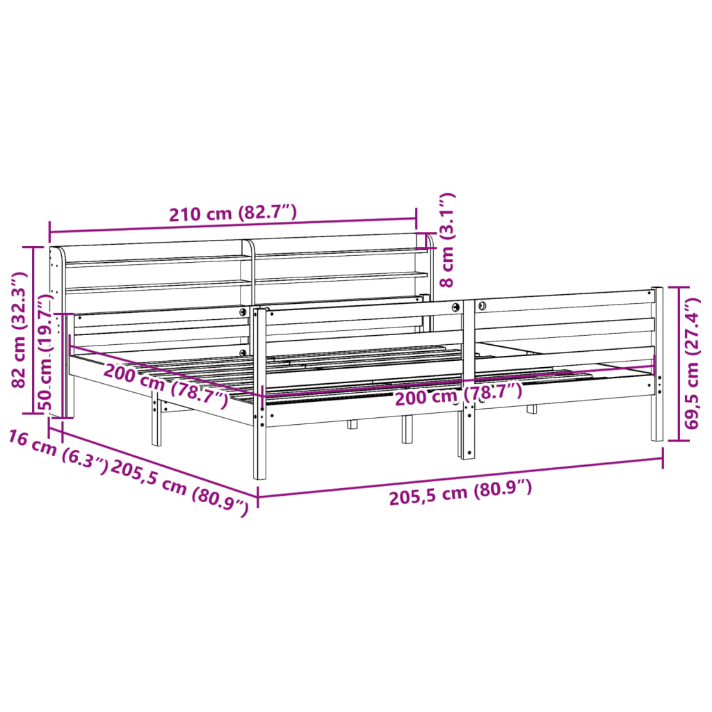Sengeramme Med Hodegavl Hvit 200X200 Cm Heltre Furu
