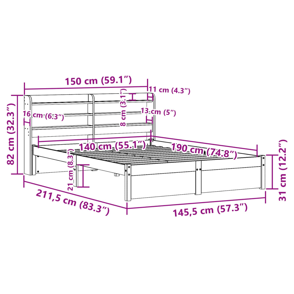 Sengeramme Med Hodegavl Hvit 140X190 Cm Heltre Furu