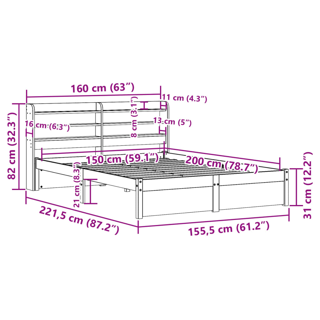 Sengeramme Med Hodegavl Hvit 150X200 Cm Heltre Furu