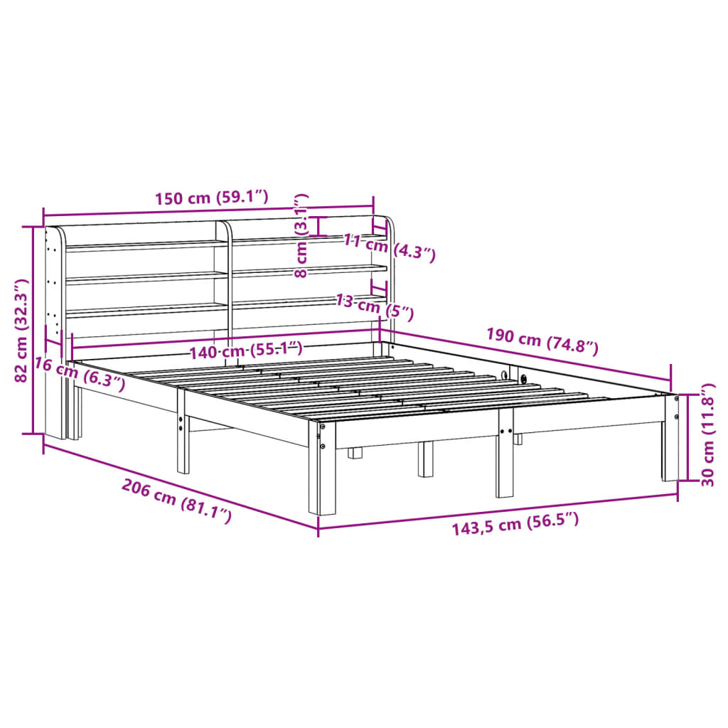 Sengeramme Med Hodegavl Hvit 140X190 Cm Heltre Furu