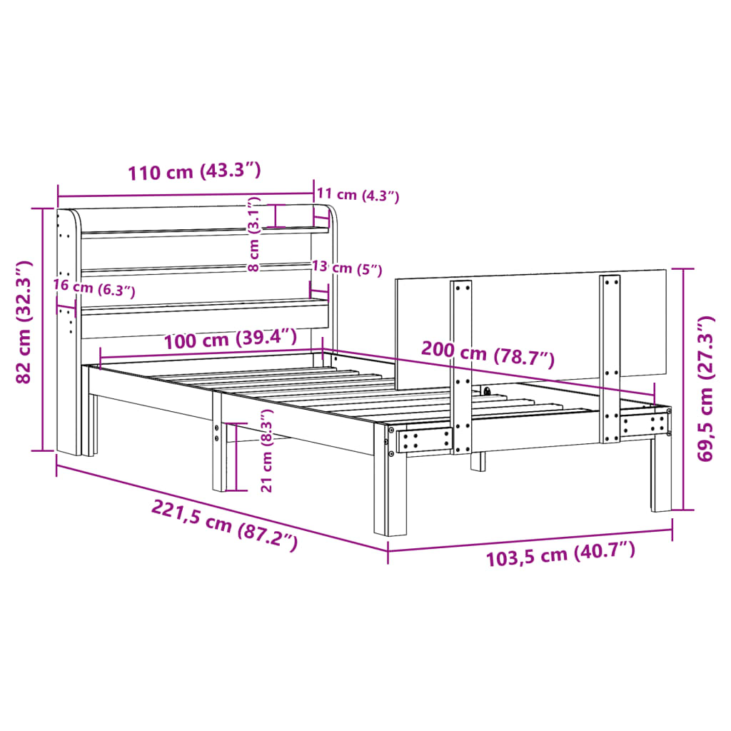 Sengeramme Med Hodegavl Hvit 100X200 Cm Heltre Furu