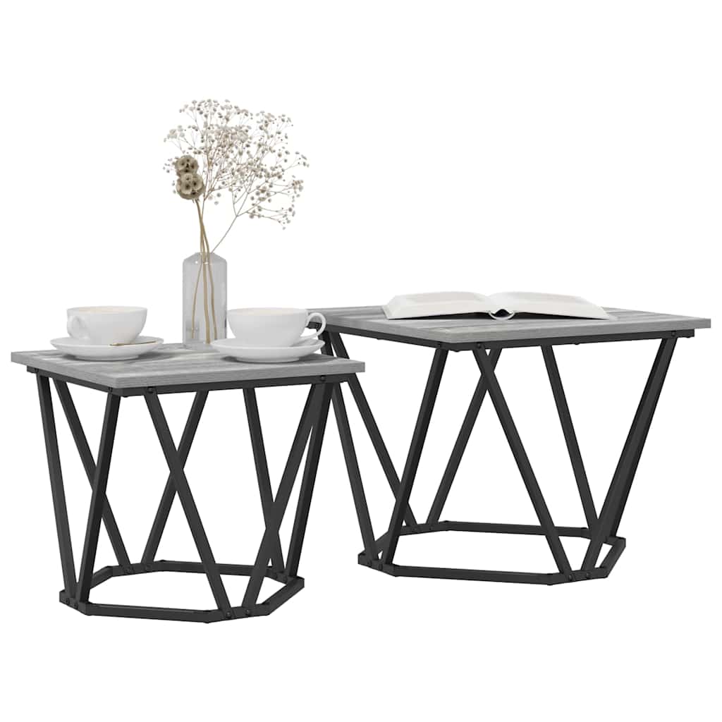 Sidebordssett 2 Pcs Grå Sonoma Konstruksjonsvirke Og Stål