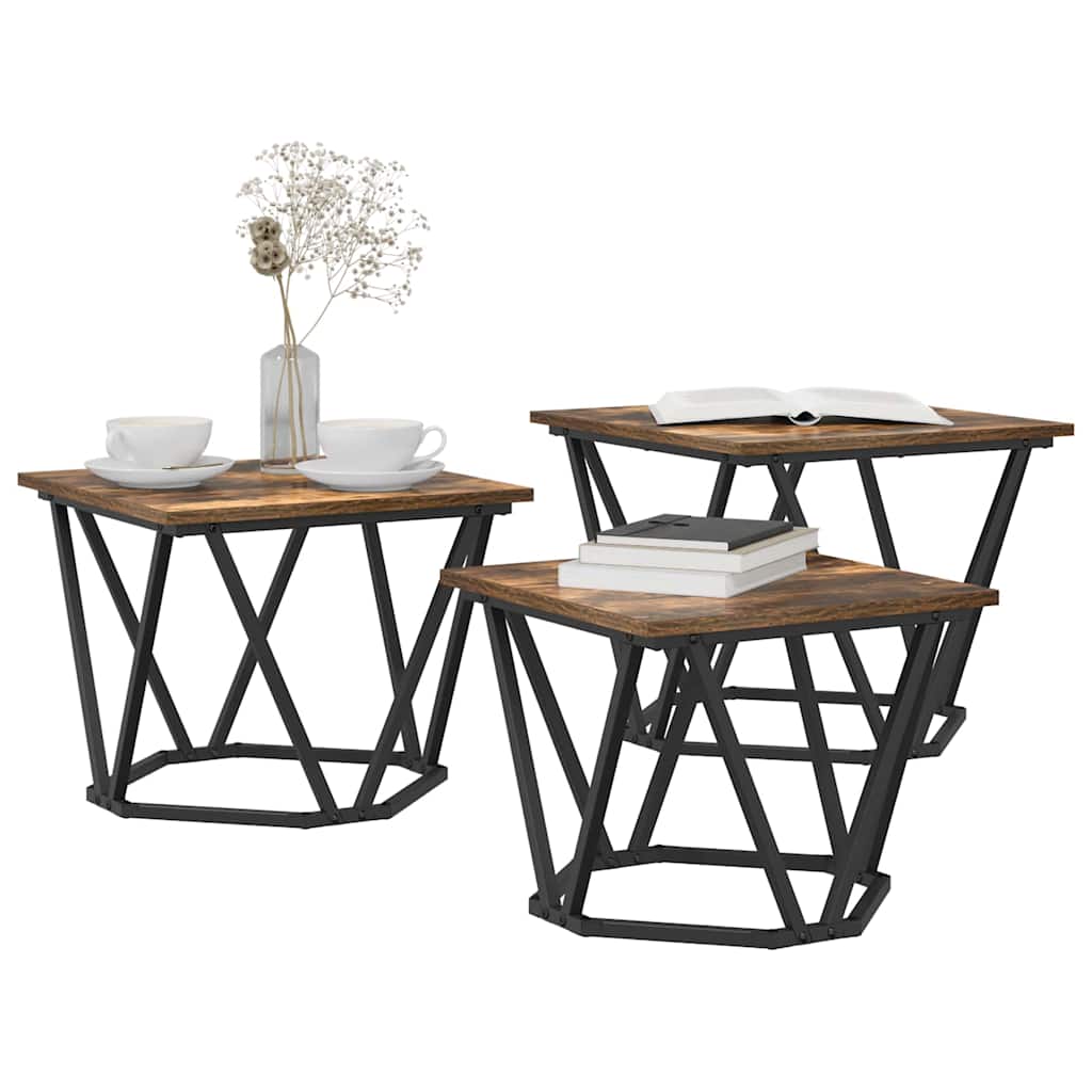 Kaffebord 3 Pcs Røkt Eik Konstruksjonsvirke Og Stål