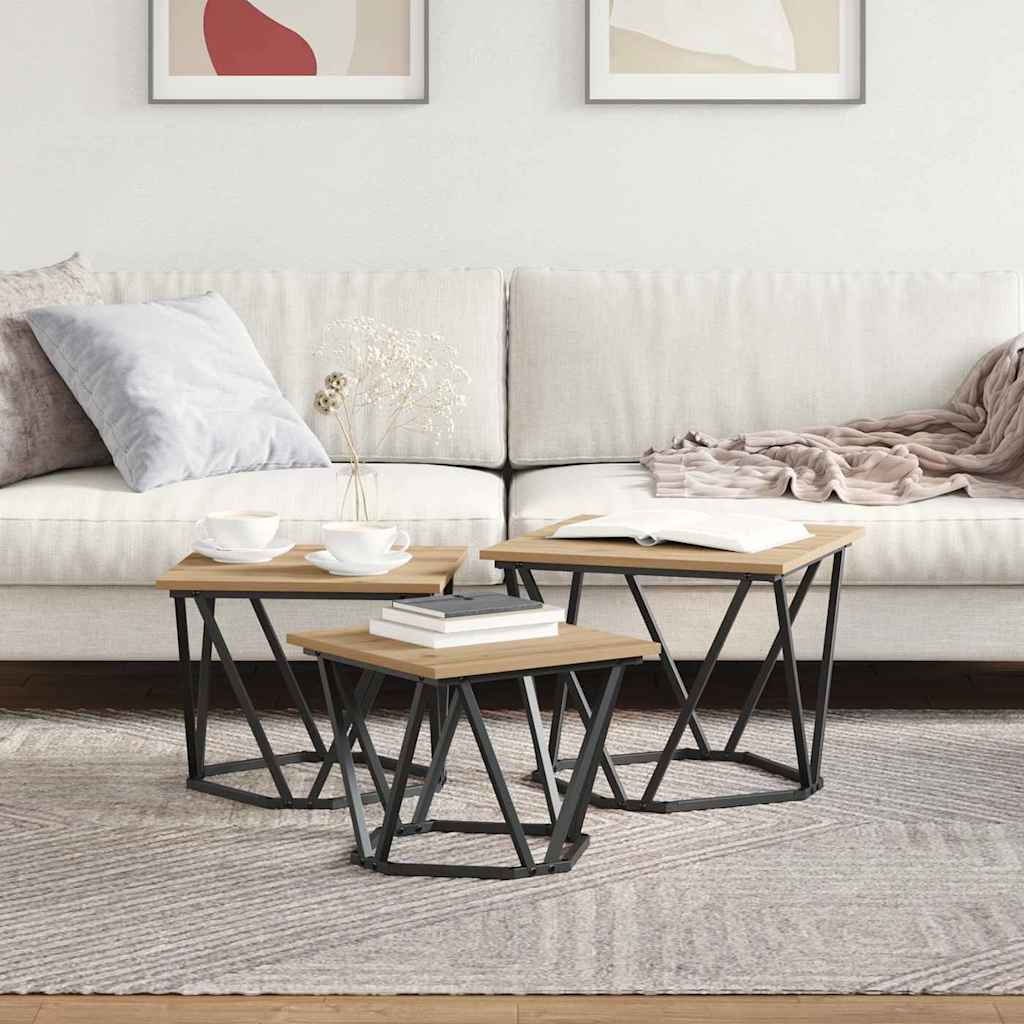 Kaffebord 3 Pcs Artisan Eik Konstruksjonsvirke Og Stål
