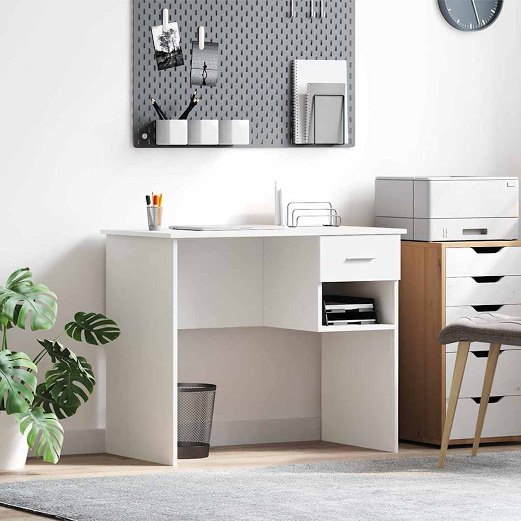 Skrivebord Med Skuff Hvit 90 X 49 X 75 Cm Konstruert Tre