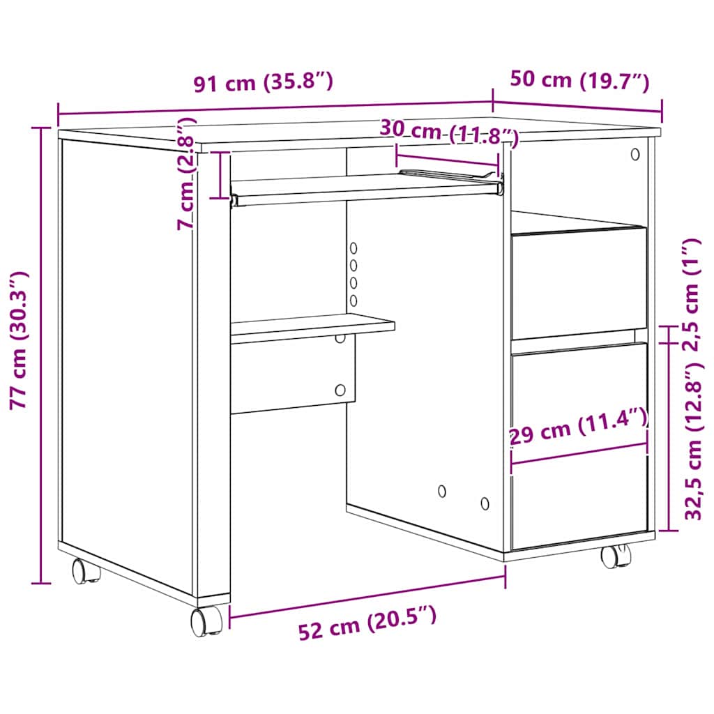 Skrivebord Med Hjul Hvit 91 X 50 X 77 Cm Konstruert Tre