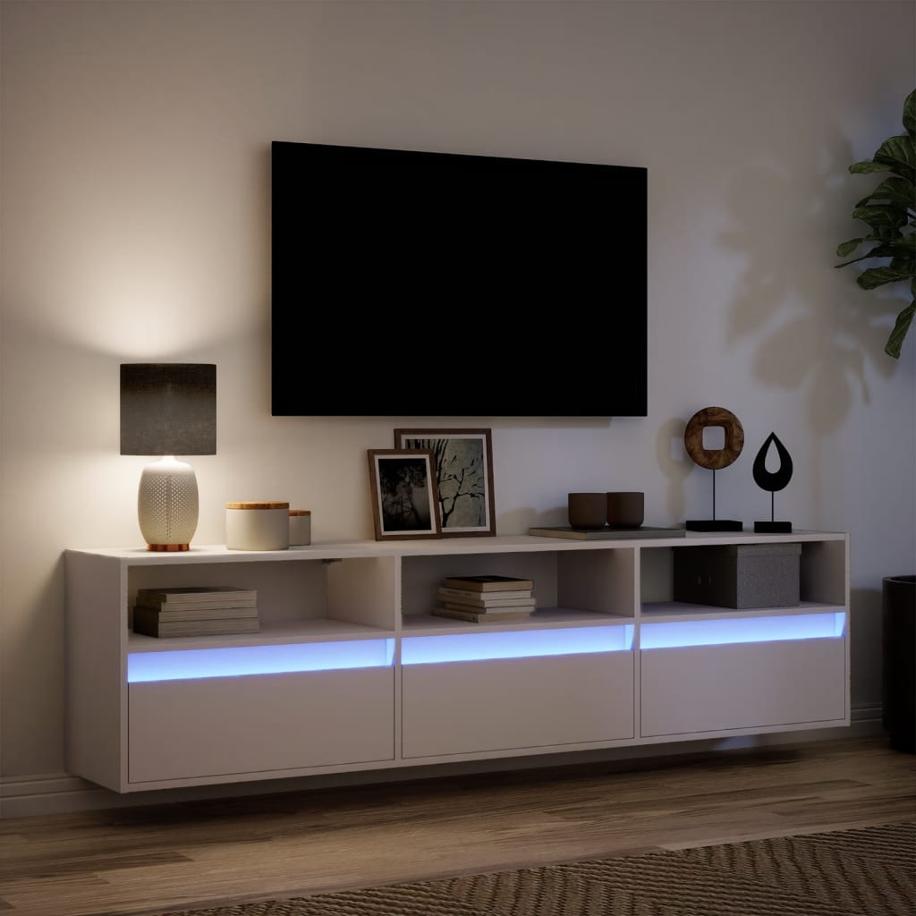 Vegghengt Tv-Benk Med Led Hvit 180X31X45 Cm
