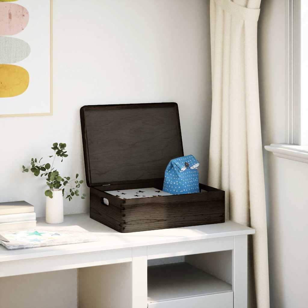 Trekasse Med Lokk Og Håndtak Svart 40X30X13Cm Heltre Furu