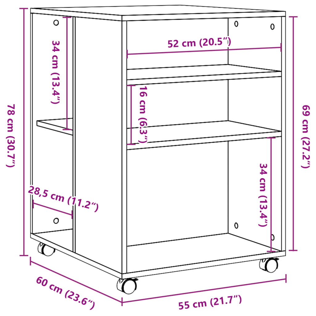 Sidebord Med Hjul Hvit 55X60X78 Cm Konstruert Tre