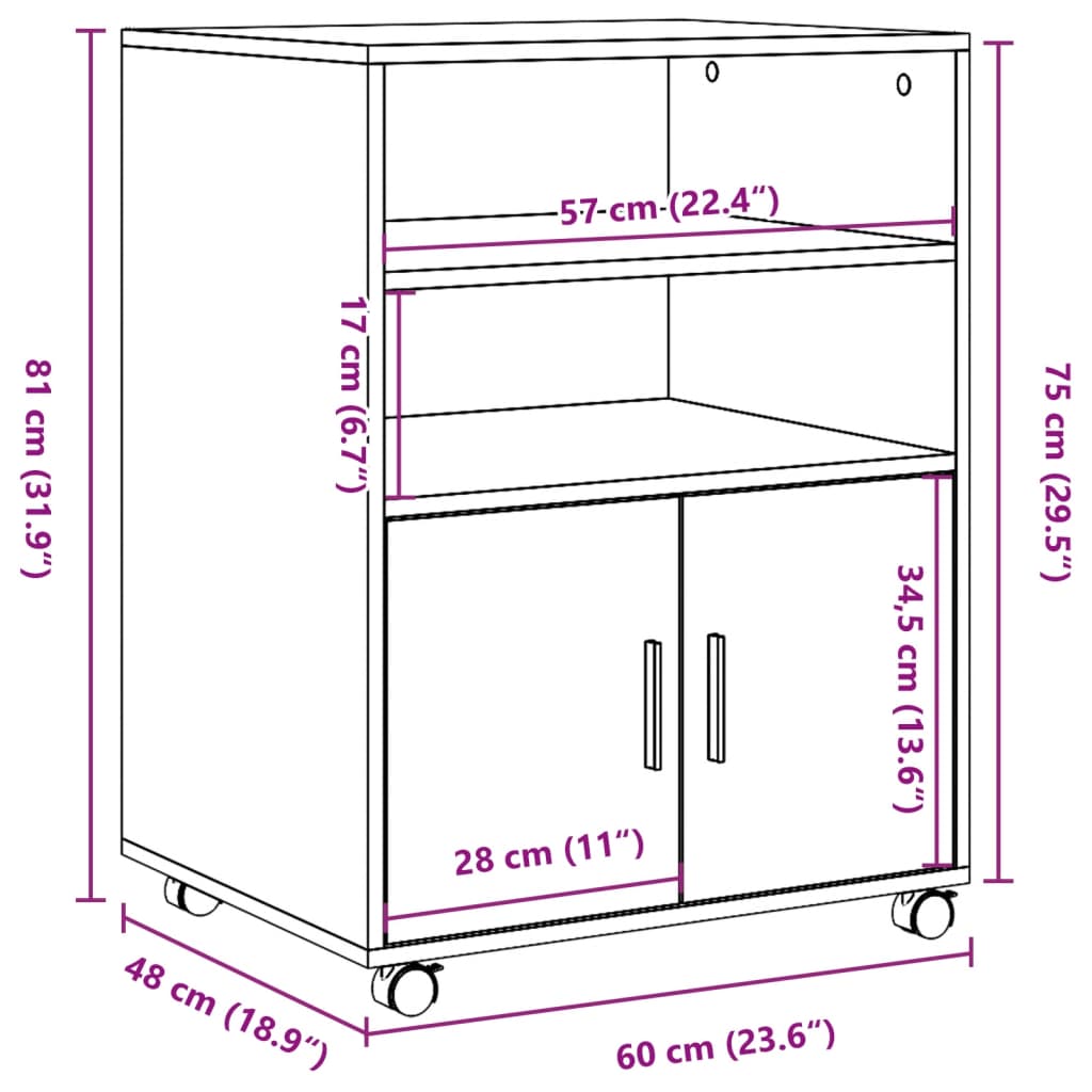 Rulleskap Betonggrå 60X48X81 Cm Konstruert Tre