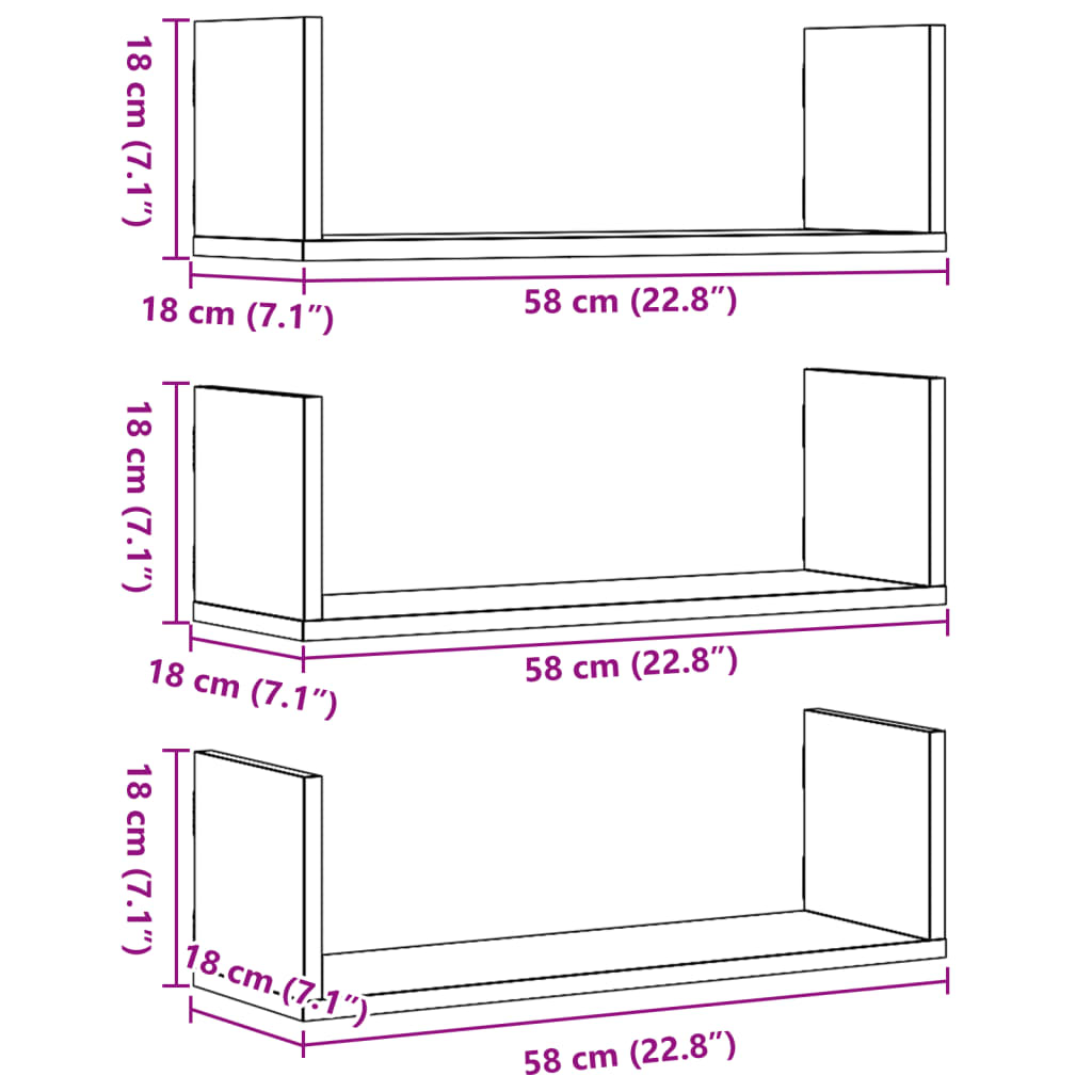 Vegghyller 3 Stk Brun Eik 58X18X18 Cm Konstruert Tre