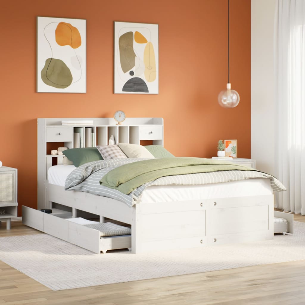 Seng Med Bokhylle Uten Madrass Hvit 140X200 Cm Heltre Furu