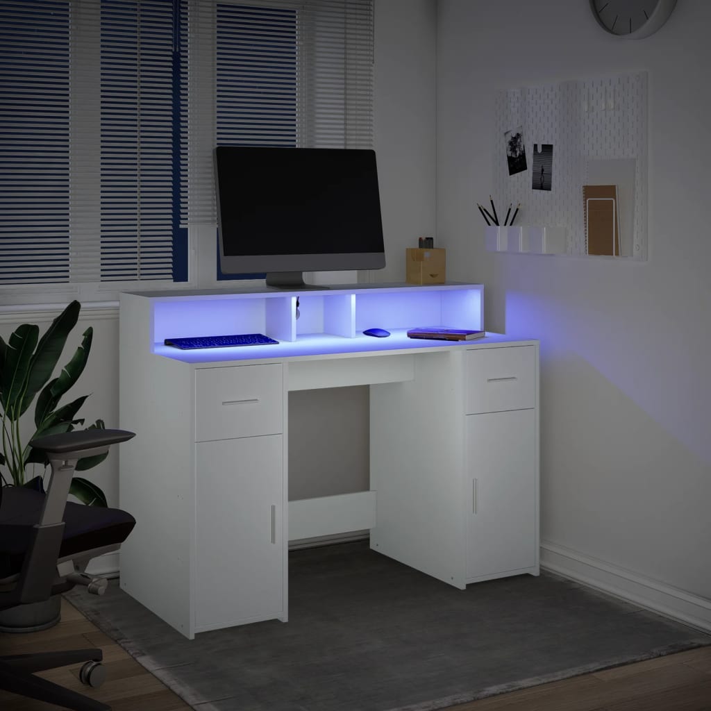 Skrivebord Med Led-Lys Hvit 120X55X91 Cm Konstruert Tre