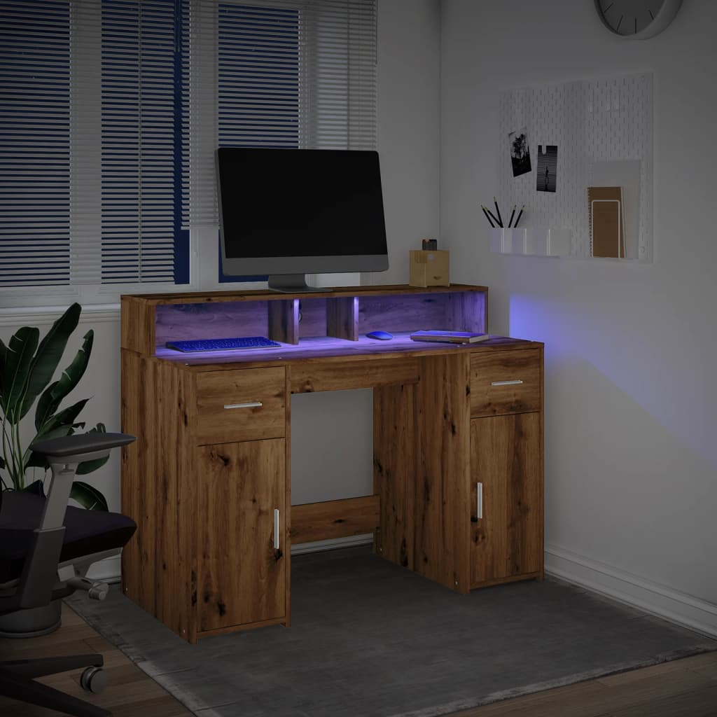 Skrivebord Med Led-Lys Artisan Eik 120X55X91 Cm Konstruert Tre