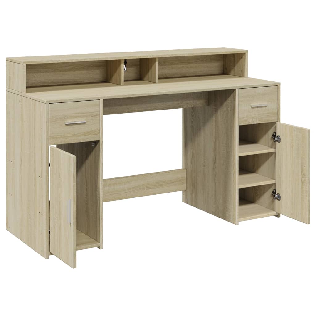 Skrivebord Med Led-Lys Sonoma Eik 140X55X91 Cm Konstruert Tre