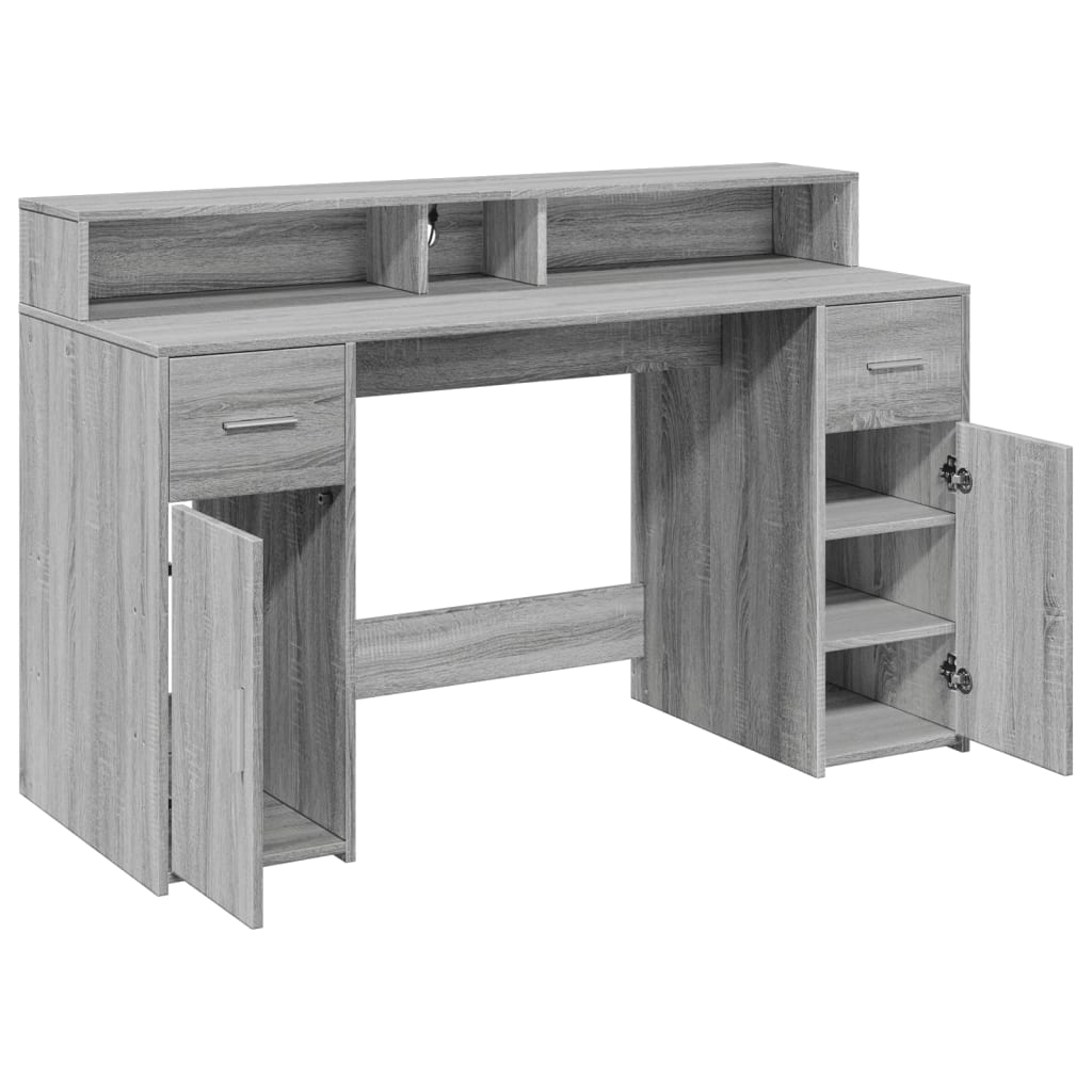Skrivebord Med Led-Lys Grå Sonoma 140X55X91 Cm Konstruert Tre