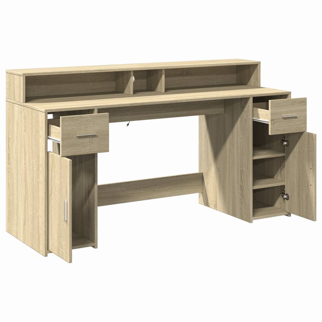 Skrivebord Med Led-Lys Sonoma Eik 160X55X91 Cm Konstruert Tre
