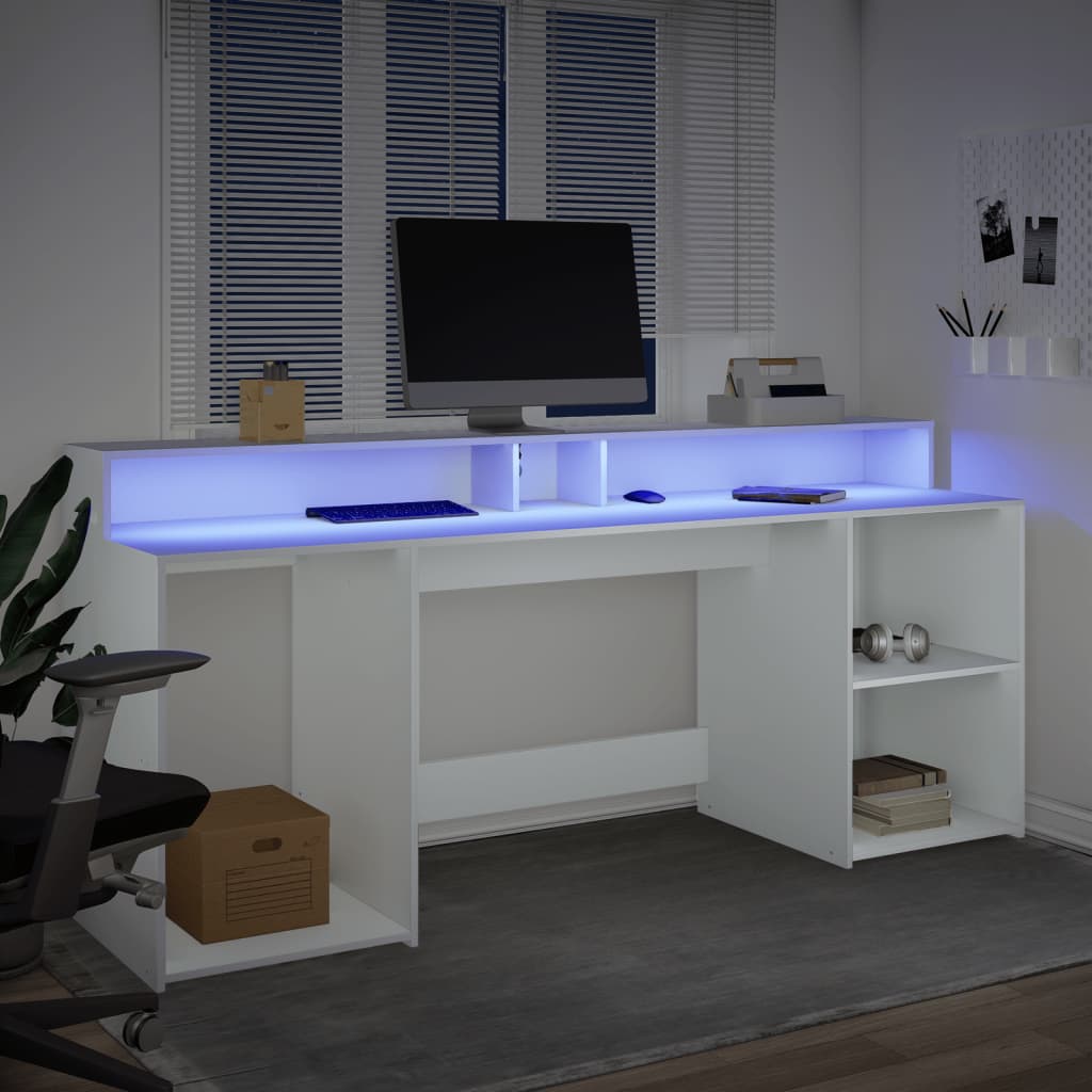 Skrivebord Med Led-Lys Hvit 200X55X91 Cm Konstruert Tre