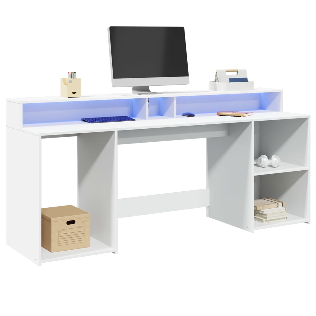 Skrivebord Med Led-Lys Hvit 200X55X91 Cm Konstruert Tre
