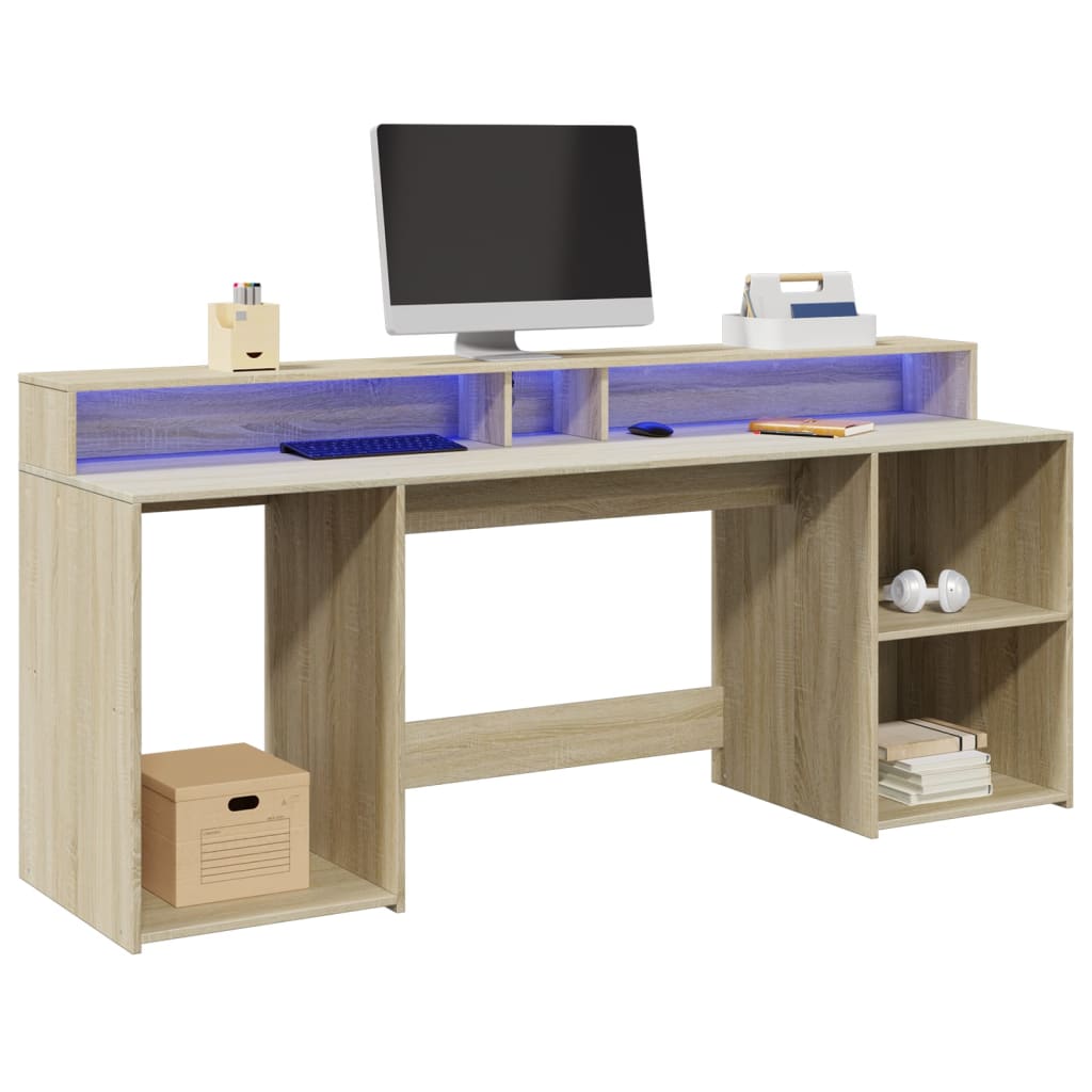Skrivebord Med Led-Lys Sonoma Eik 200X55X91 Cm Konstruert Tre