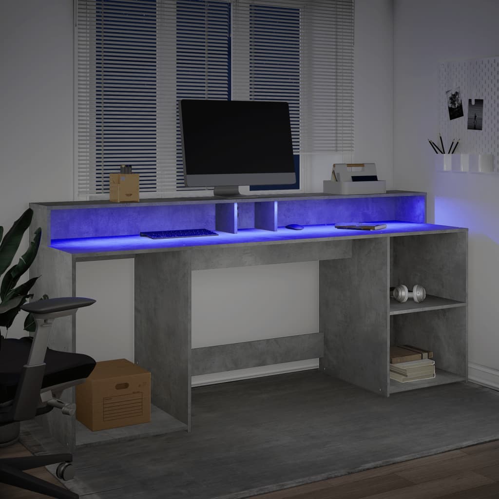 Skrivebord Med Led-Lys Betonggrå 200X55X91 Cm Konstruert Tre