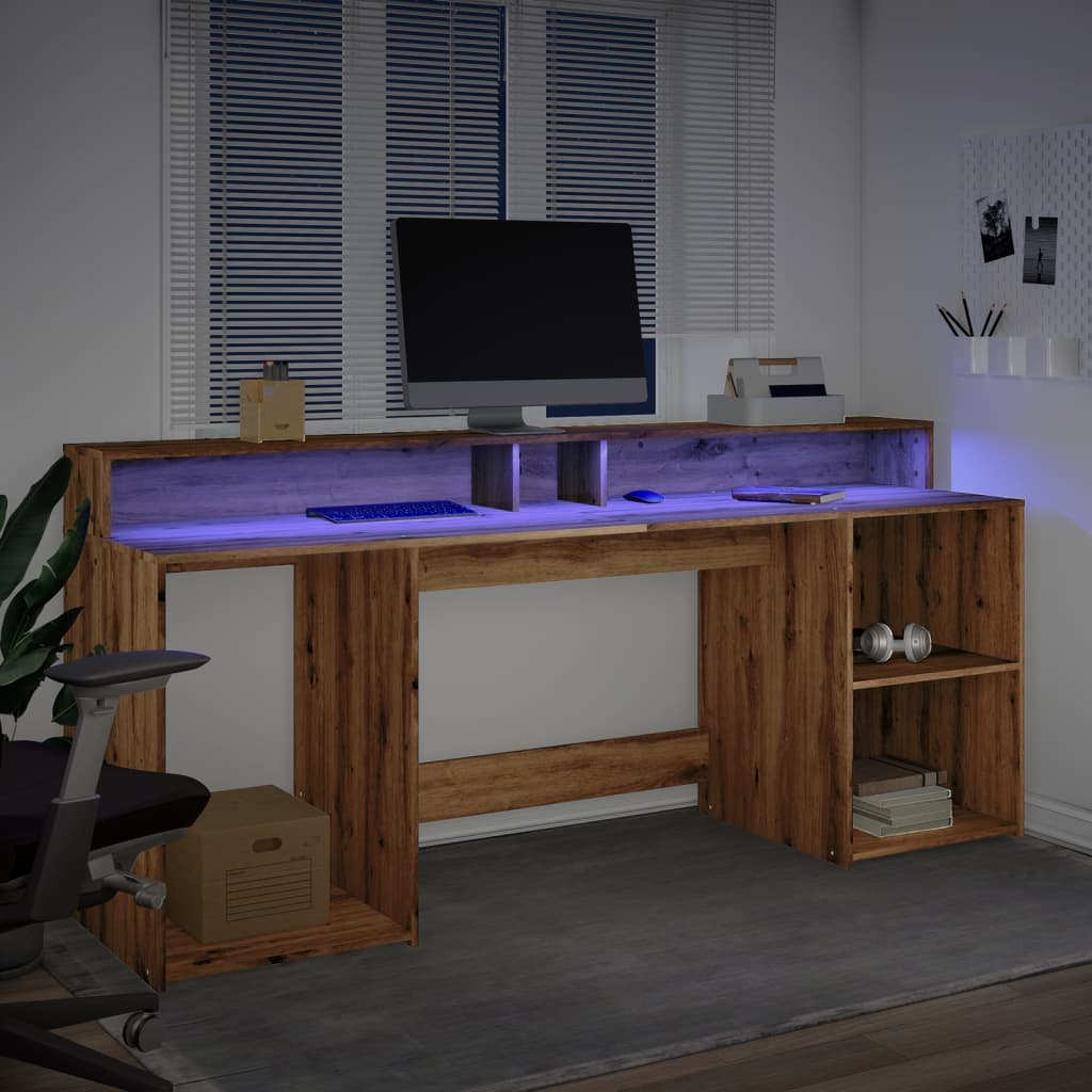 Skrivebord Med Led-Lys Artisan Eik 200X55X91 Cm Konstruert Tre